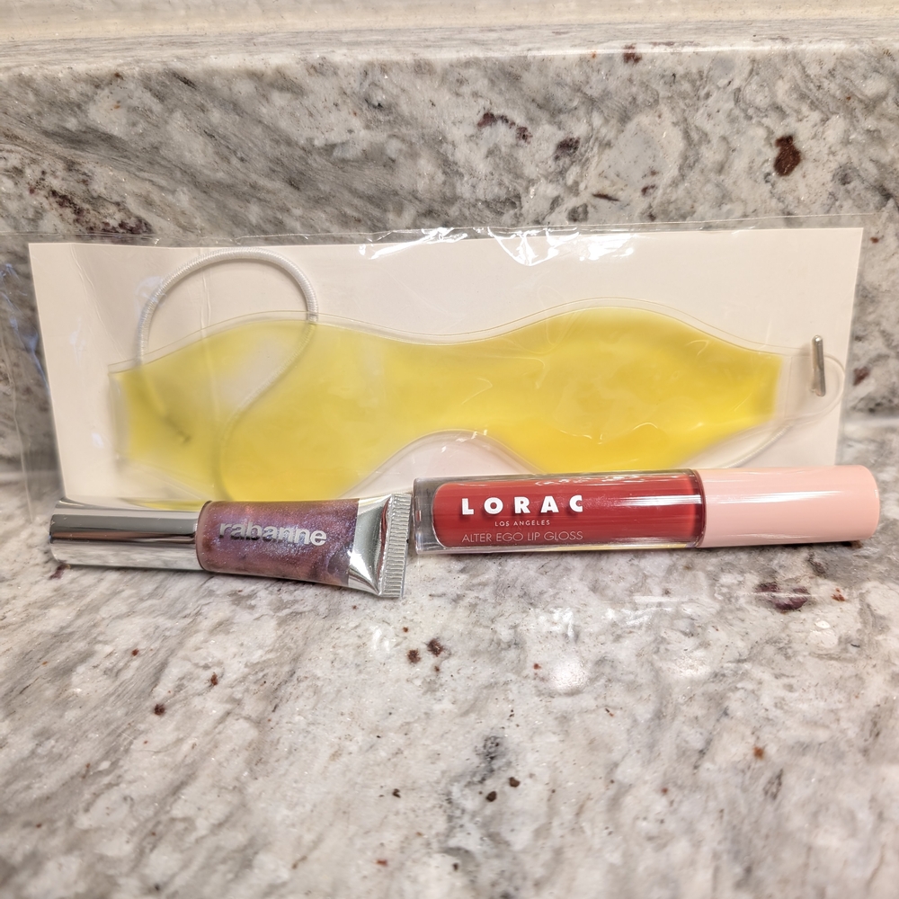 Eye Mask, Rabanne Lip Gloss, Lorac Lip Gloss